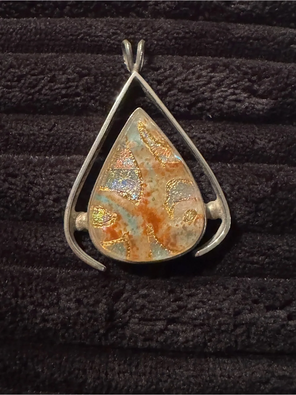 Silver Teardrop Pendant with Iridescent Orange and Gold Inlay